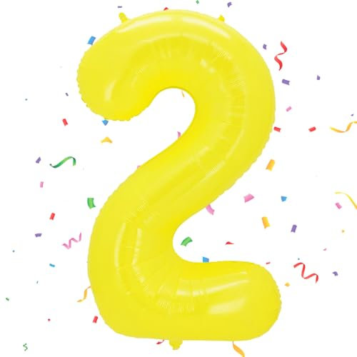 Number 2 Balloons Yellow, 40inch Large 2 Balloon Helium Balloons,Self Inflating Foil Nmber Balloon 2 Balloons for 2nd Birthday Decorations Boys Girls Birthday Anniversary Decorations