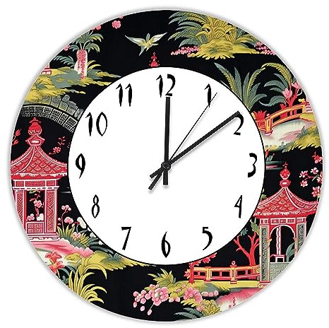 LUIJORGY Chinoiserie Charcoal Coral Pagoda Asian Pavilion Rustic Wood Wall Decor Clock Retro Silent Non-Ticking Decorative Wooden Wall Clock For Club Coffee Bar Hotel Restaurant Home Decor 15