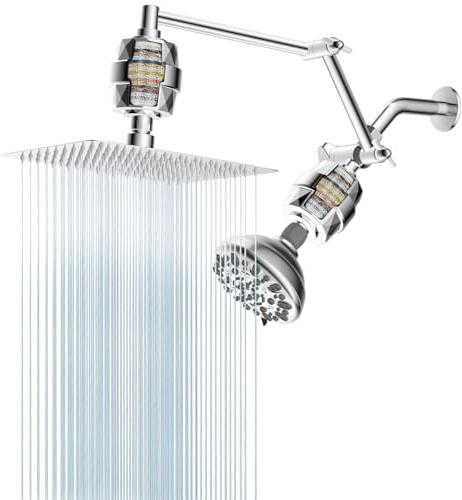 Regengefilterter Duschkopf aus Metall, 25,4 cm, Hochdruck-Regenduschkopf mit 7 Einstellungen fester Dusche für Paare, 40,6 cm verstellbarer Duschverlängerungsarm, 20 Stufen Duschfilter, Chrom