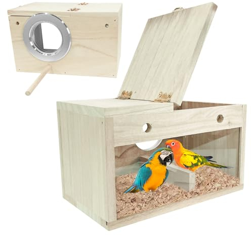 iDMRURvm Massivholz Papagei Zucht Box Vogelzuchtbox Nistkasten Vogelzucht Brutkasten Vogelhaus Hölzernes Vogelhaus mit Rastplatz Haustier Warminkubationszuchtkiste Vogelpaarungskasten