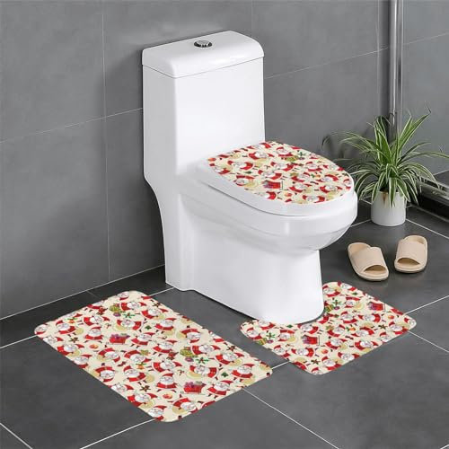 TietYaer 3-teiliges Badezimmerteppich-Set mit weihnachtlichem Cartoon-Weihnachtsmann-Druck, konturierter WC-Vorleger, Badematte und WC-Deckelbezug, weich, Haushaltswaren