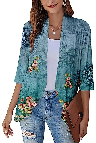 SCBFDI Giacca Donna, Cardigan Kimono da Donna Cardigan Floreale Con Maniche a 3/4 Spolverino Aperto Sul Avanti Volant Drappeggiato Elegante Coprispalle Estivo, Bolero Donna Argento