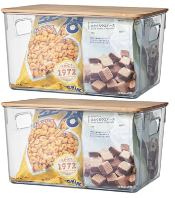 Eden & Willow Clear Plastic Storage Box with Bamboo Lid and Handles | Shelf Organiser Container with Lid for Home, Kitchen and Bathroom Organisation (Large, Set of 2)
