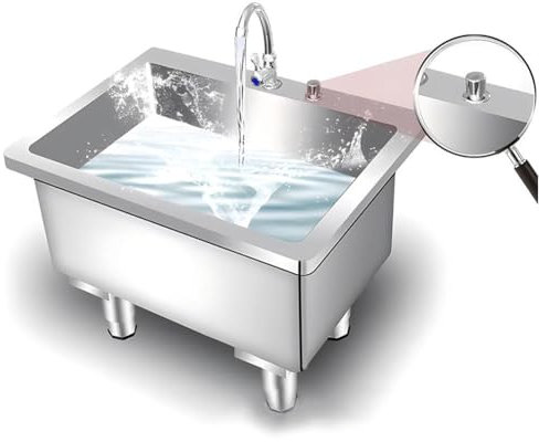 Zfmnoyev Freistehendes Wischbecken Aus Edelstahl Mit Tiefem Becken, Großes, Vertieftes Standwaschbecken, Ausgussbecken Für Die Waschküche, Mit Verstellbaren Beinen Und Wasserhahn(Silver-B,80x45x50cm)