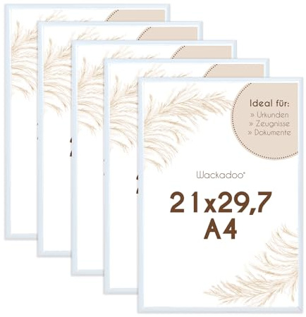 Wackadoo Bilderrahmen A4 21x29.7 (DIN A4) Weiß 5er Set Fotowand Fotorahmen aus leichtem Kunststoff mit Glas Picture frame Poster