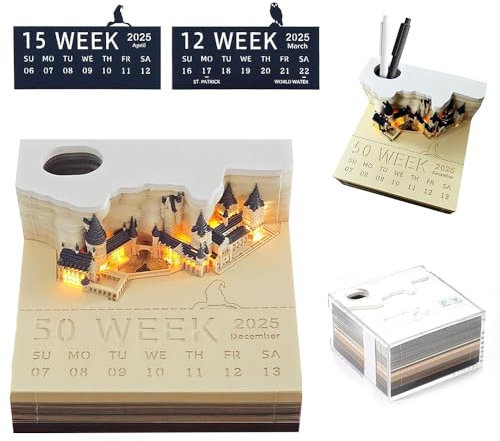 Hojalis 3D Kalender Abreißen, 3D Kalender 2026, 3D Notizblock mit Licht, 2026 Tischkalender-Notizblock, 3D Memo Pad Kalenders, 3D Abreißkalender mit Glasklarem Anzeigebox, 3D Diy Desktop-Ornament