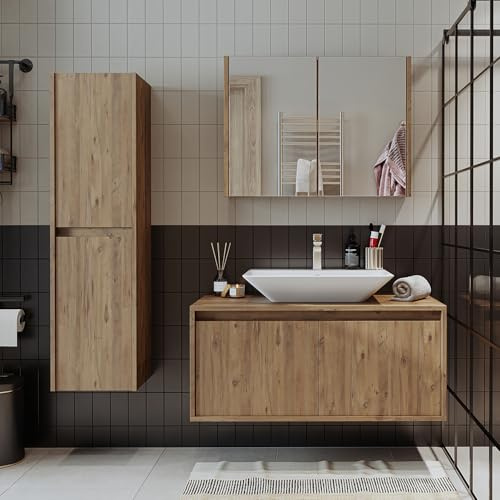 ROOMART Ensemble de Meubles de Salle de Bain Atlantic - 4 Pièces Avec Meuble Bas 100 cm, Lavabo en Céramique, Armoire à Miroir et Armoire Haute (Chêne, Kit Complet)