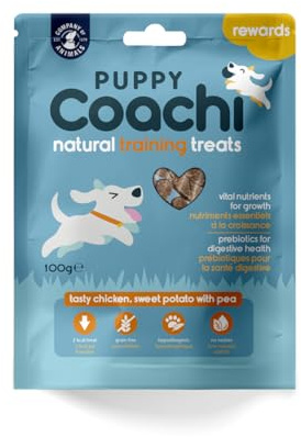 Valp Coachi Natural Training Treats – Healthy Grain-Free and Hypoallergenic Valp Rewards. Mjuka behandlingar och lätta att bryta upp. Ideal hälsosamt valpmellanmål för träning, tillverkat i