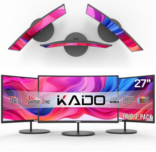 Kado Triple Monitor Setup - 3-Pack 27 1920x1080 Curved Computer Monitor 1500R 75Hz VESA Mount HDMI Office Gaming Hybrid Sim Racing Built-in Speakers (C27 Trio Series)