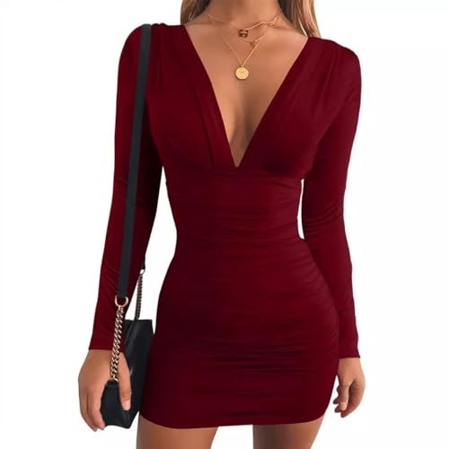 EMOTTOS Mini Vestido Sexy, Sexy Cuello en V Profundo Vestido Acanalado, Suave de Manga Larga Bodycon Vestido lápiz, Alta Elasticidad Mini Tubo Club Cocktail Party Dress (Negro/Rojo, S-L)