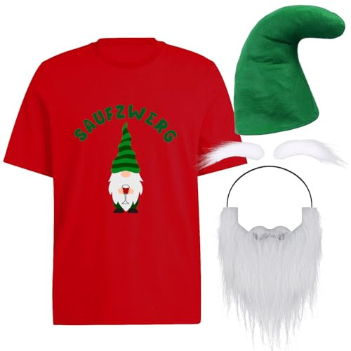 YANSYUN Zwergenkostüm Erwachsene 3 Stück Saufzwerg Karneval Kostüm Herren, Bier Kostüm Inklusive Bart Hut T-Shirt für Damen Herren (Rot, XL)