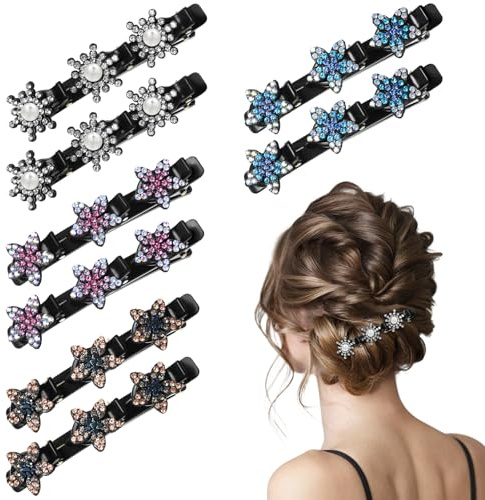 Tyqour 8 Stück Haarspange mit Kristallblume, Glitzernde Kristall-Stein Geflochtene Haarspangen, Strass-Haarspange mit 3 Mini Clips Doppelschicht Haarspangen für Frauen Mädchen