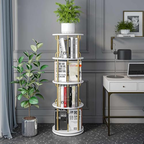 HARELA Drehbares Bücherregal 360 Grad, 3/4 Ebenen Freistehend Drehregal, Metall Bücherturm Bodenstehendes, Standregal, Drehregal, Büroregal, Für Schlafzimmer, Wohnzimmer, Büro(White-4 Tier)