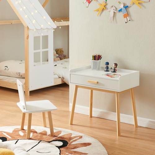 [en.casa] Set Mobili per Bambini Tavolo con Cassetto e Sedia con Schienale Arredo a Misura di Bimbi per Cameretta Area Gioco- Legno Naturale/Bianco
