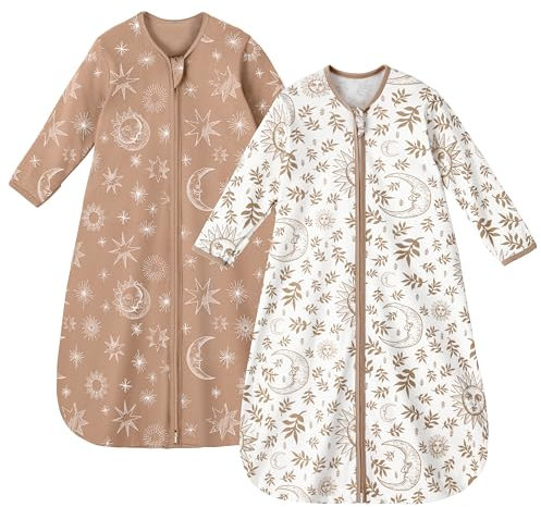 Unnivoll 2er Pack Baby Schlafsack Sommer mit Ärmel 0.5 Tog Sommerschlafsack 100% Baumwolle Babyschlafsack 0-6 monate 67 cm für Jungen Mädchen Neugeborene Weiß Braune Sonne