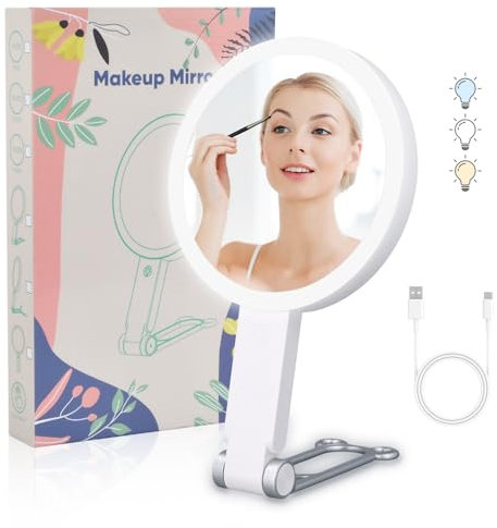 Specchio Trucco con Luci LED, Specchio Ingranditore 1X/10X, Girevole e Luminosità Regolabile Specchio Make up Ricaricabile Specchio da Tavolo per Bagno,Casa e Viaggi,Regalo per Donna/Lei (10X Bianco)