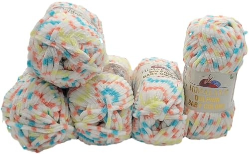 5 x 100 Gramm Himalaya Dolphin Baby Colors Strickwolle Babywolle Mehrfarbig, 500 Gramm Strickgarn super Bulky (80415 weiss türkis lachs gelb)