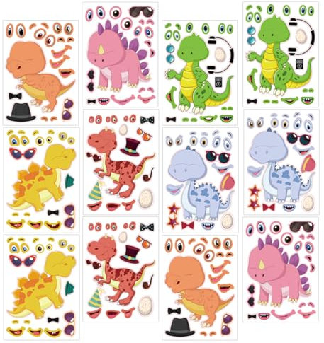 Toyvian 12blätter DIY Dinosaurier Aufkleber Cartoon Dino Sticker Junge Mädchen Partygeschenk Basteln Puzzle Dekoration