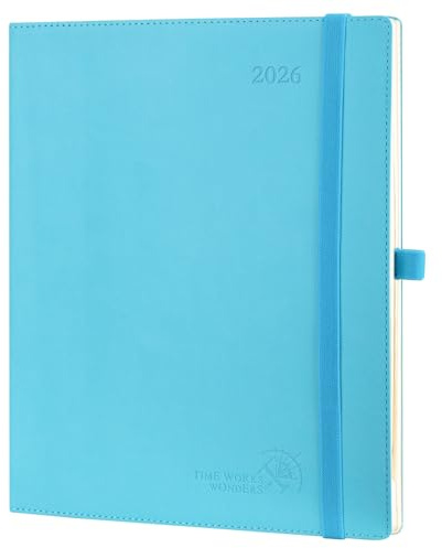 POPRUN Kalender 2026 Vertikal 26,5 x 21,5 cm, Mjukt Omslag, Planner 2026 med Månadsflikar, Veganläder och 100 GSM Tjockt Papper, Blågrön