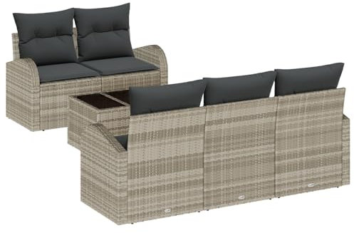 vidaXL 6-teiliges Garten-Sofa-Set mit Kissen in Beige und Dunkelgrau. Wetterfeste Möbel aus Poly-Rattan. Ideal für die Terrasse oder den Balkon. Modulares Lounge-Set, UV-beständig.