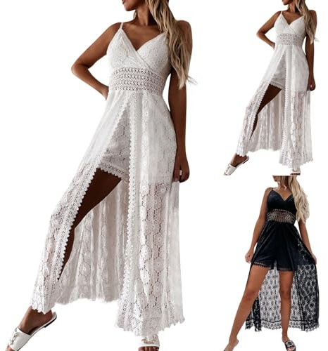 Générique Robe Longue Femme Ete Boheme Chic et Elegant Robe de Plage Dentelle Combinaison Sexy Col en V Ajouré Bretelles Spaghetti Dos Nu Legere Fluide, Noir, M