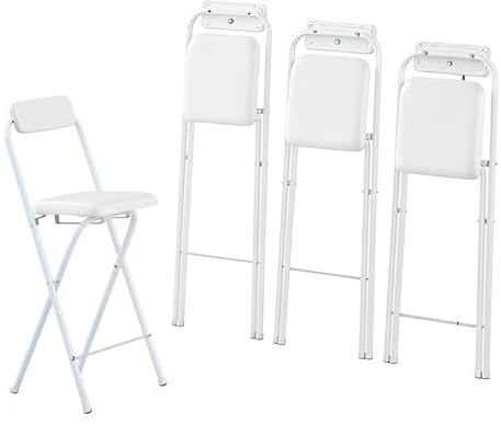 Sgabelli Alti da Bar Pieghevoli con Schienale (Bianco/Nero), 50 55 60 65 70 75 80cm Sgabelli Alti da Cucina Seduta, Sedie da Bar for Esterno con Morbido Cuscino, Poggiapiedi(Bianco,70cm (28inch))