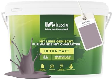 Veluxis Wandfarbe Grau Lila Hellgrau matt 5 L – Feminine Fig | Innenfarbe mit Deckkraft Klasse 1, VOC-frei, ohne Grundierung, tropfarm, für Wohnzimmer und Schlafzimmer