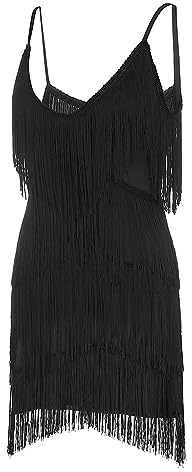 Generisch Vestido de mujer Gatsby de los años 70, vestido con flecos, vestido corto, charlestón, vestido de tirantes, cuello en V, carnaval, carnaval, con flecos, lentejuelas, tirantes delgados