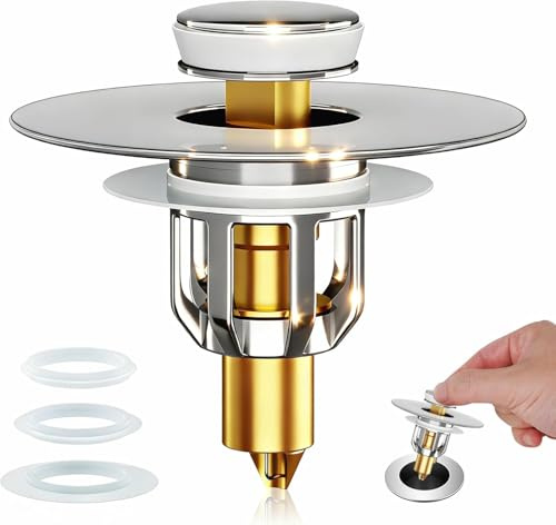 Universal Bathroom Sink Plug Replacement, Pop Up + Hair Catcher Strainer, 1.06-1.65inch, Brass Bounce Core, Leak-Proof Fast Drain