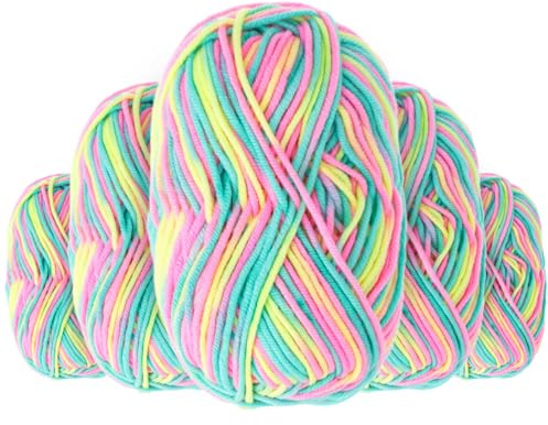 QWORK® Set de hilo para crochet 5 x 50g de acrílico – 5 hebras, 550m de longitud total, grosor de 2,5mm - Lana multicolor con degradado para amigurumis, gorros y bufandas