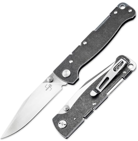 BÖKER PLUS® Atlas Clippoint TS - kleines Einhandmesser mit Backlock - Ganzstahl Taschenmesser mit extra scharfer 7,3 cm Clippoint Klinge - stabiles Klappmesser mit Edelstahl-Griff Black Stonewash