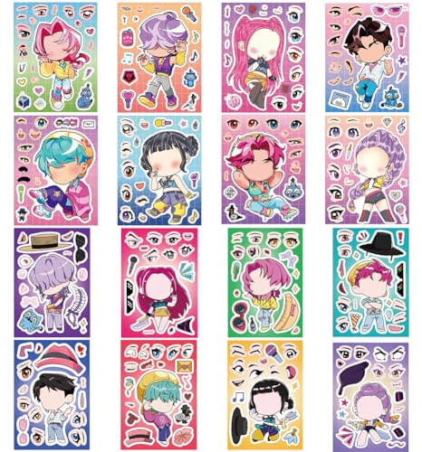 16PCS Make a Face Kpop Aufkleber, Kp0P Puzzle Aufkleber,Dress Me Up Koreanische Pop-Musik, Puzzle Sticker DIY Handwerk wasserdicht wiederholbar,Supplies Journal Supplies