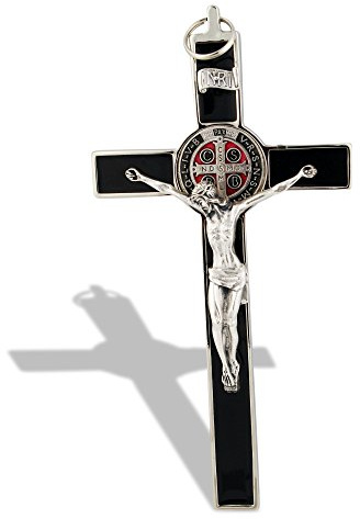 St. Benedikt Wand Kruzifix mit bunten Emaille Schwarz/Silber