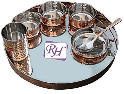 Thali Service de table en cuivre et acier inoxydable (1 assiette, 3 bols, 1 bol plat, 1 verre et 1 cuillère)