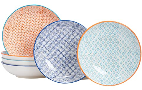 Nicola Spring Patterned Pasta Bowls - 3 Colours - Pack of 6 - Porcelain Flower Print Design Rice Serving Bowls for Cereal, Fruit, Dessert, Salad, Noodles, Snacks