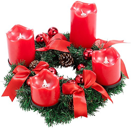 Britesta Adventskranz elektrisch: Adventskranz, rot, 4 rote LED-Kerzen mit bewegter Flamme (Elektrische Adventskranzkerzen, Elektrische Kerzen, Advent)