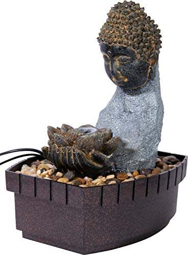 dobar® 96430e Design Zimmerbunnen Buddha mit LED Beleuchtung | Tischbrunnen Kunststein | Kleiner Springbrunnen | Dekorativer Zierbrunnen Wohnzimmer/Büro/Indoor | 20,5 x 16,5 x 27 cm | Grau