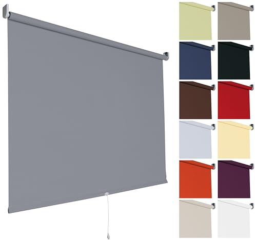 Springrollo Fenster Sonnenschutz Innen, 132 x 180 cm Dunkelgrau verdunkelnd | Stoff lichtundurchlässig aus Polyester / Metallträger für Wand- & Deckenmontage / mit Schnappfunktion, Rollofeder & Mittelzug