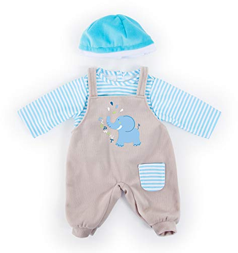 Bayer Design- Ropa 33 a 38 cm, Accesorios para muñeca, pantalón con Peto, Top y Gorra, Conjunto, Traje con Elefante, Color azul, gris con rayas (83876AA) , color/modelo surtido