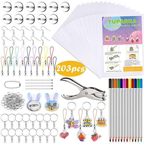 TUPARKA 203 Stück Schrumpffolien-Set, Kunststofffolie, 25 Blatt, Shrink-Film, Kunstpapier, Walzstifte, Buntstifte und 165 Stück Schlüsselanhänger und Schmuckherstellung, Zubehör