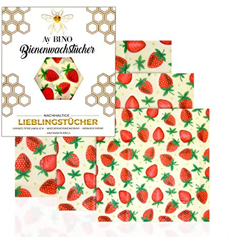 AY BINO Bienenwachstücher 3er Pack Lieblingstücher Umweltfreundlich Ökologisch Nachhaltig Wiederverwendbare Beeswax Wraps | Zero Waste Wachspapier für Lebensmittel Bio (Erdbeere, 3)