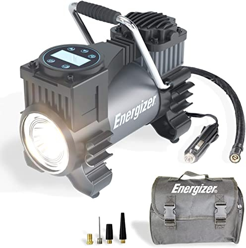 Energizer Elektrischer Luftkompressor, Tragbare Auto-Luftpumpe mit automatischer Abschaltfunktion – Auto-Kompressor-Set mit 120 PSI voreingestelltem Druck, digitaler LCD-Bildschirm und Tragetasche