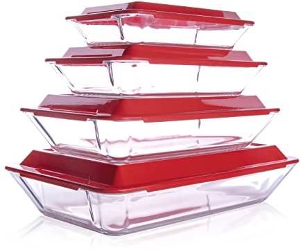Set di 6 Teglia in vetro con coperchi in plastica, set rettangolare in vetro con coperchi senza BPA, casseruola per lasagne, avanzi, cucina, congelatore e forno e lavastoviglie (1L+1.5L+2.5L+3.8L)