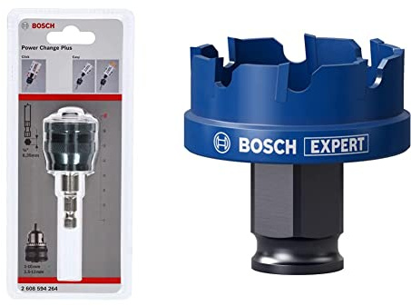Bosch Professional 1x Power Change Plus Adapter (Aufnahme 3/8“, Sechskant, Ø 8,7 mm) + 1x Expert Sheet Metal Lochsäge (für Stahlbleche, Edelstahlbleche, Ø 40 mm, Zubehör Schlagbohrmaschine)