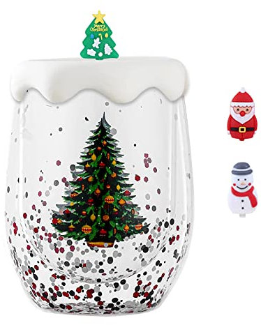 GLAITC Tasse à Thé en Verre 300 ml - Motif D'arbre de Noël, Double Paroi Isolée, Anti-brûlure - Pour Femmes, Hommes, Enfants, Bureau - Cadeau