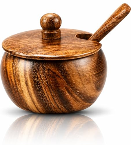 Dekorative rustikale hölzerne Zuckerdose & Löffel mit Deckel, breite Öffnung, Süßigkeitenbehälter, Gewürzbehälter, Gewürzbehälter, Nüsse, Servierschale, Topf, Salz, Gewürze, Kräuter, lose Blätter, Tee