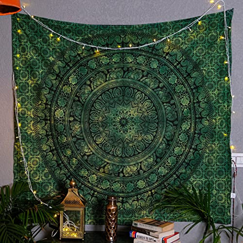 Craft Trade Mandala Grün Wandteppich Indische Wandtuch Tapestry Wandbehang Boho Wandteppiche für Heimdeko Wohnzimmer und Schlafzimmer - 127 x 152 cm