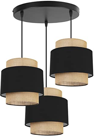Light-Home Boho Hängelampe - Deckenlampe für Wohnzimmer Schlafzimmer und Esszimmer - Pendelleuchte aus Metall mit Lampenschirm aus Stoff - E27-3-Flammig Oval - Schwarz und Jute