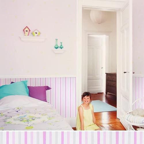 GAULAN 228326 - Vliestapete, Abwaschbar. Kindertapete mit Streifen in drei Farbtönen: Rosa, Violett und Grau für Jugendzimmer Mädchenzimmer Studio - Rolle 10 m x 0,53 m