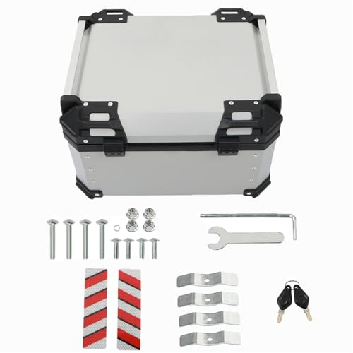 labwork 55L Motorcycle Top Case Tail Box with Backrest and Mounting Plate Hard Aluminum Alloy Watertightness Security Lock Against Theft Silver Metal Trunk Tour Tail Case